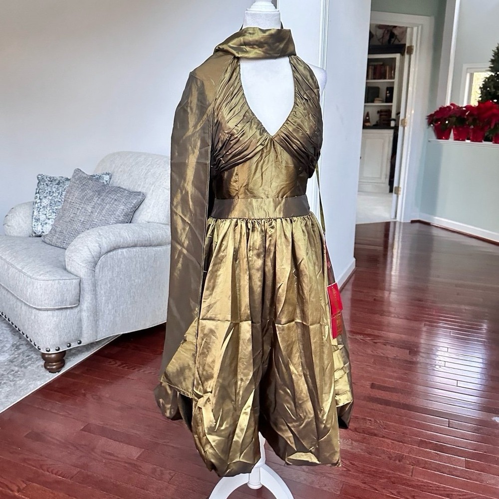 Vintage 2000s May Queen Metallic Green 2 Piece Dress & Scarf Matching Set NWT